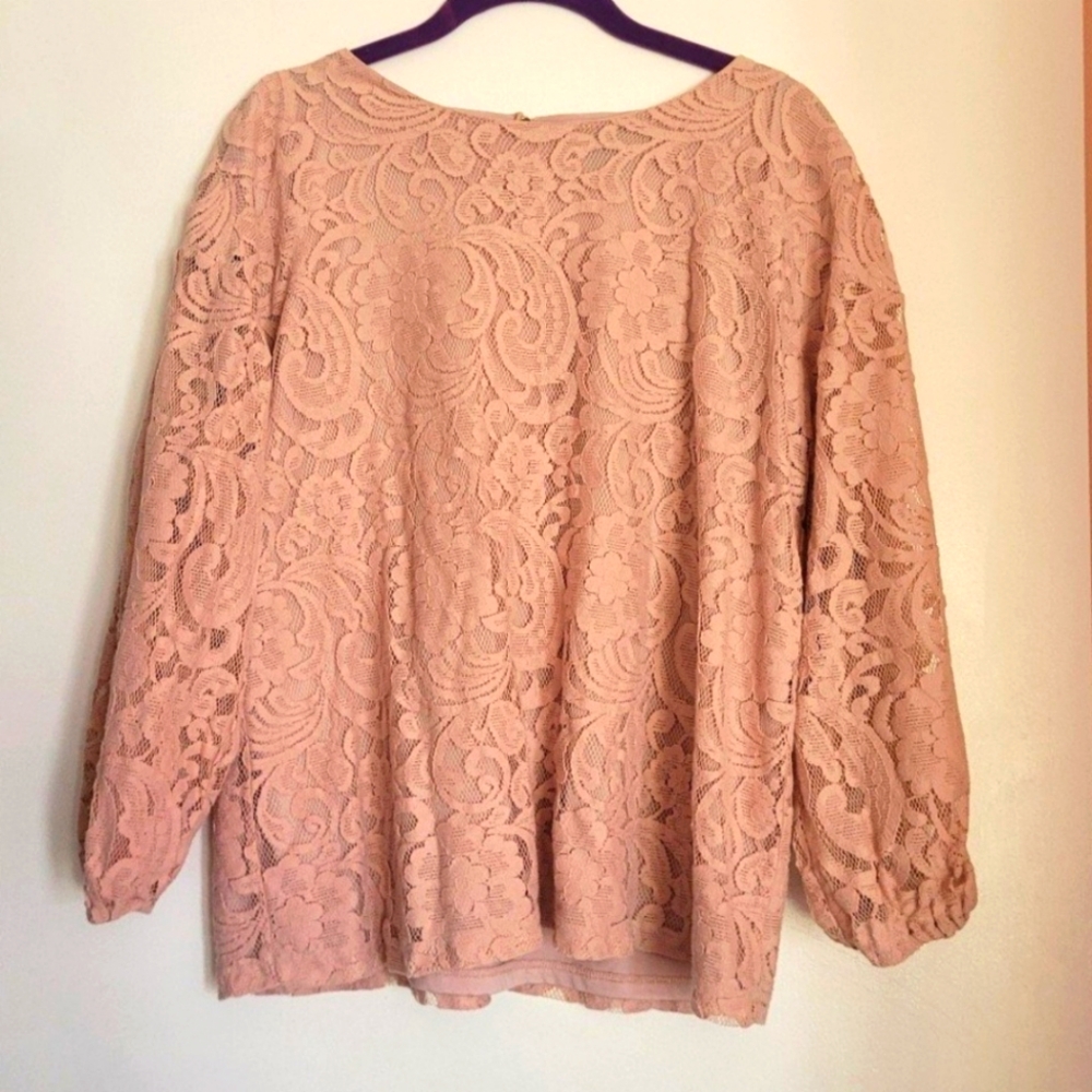 Liz Claiborne Pink Peach Lace Blouse Top Floral Lined 3/4 Sleeve Size Large Boho